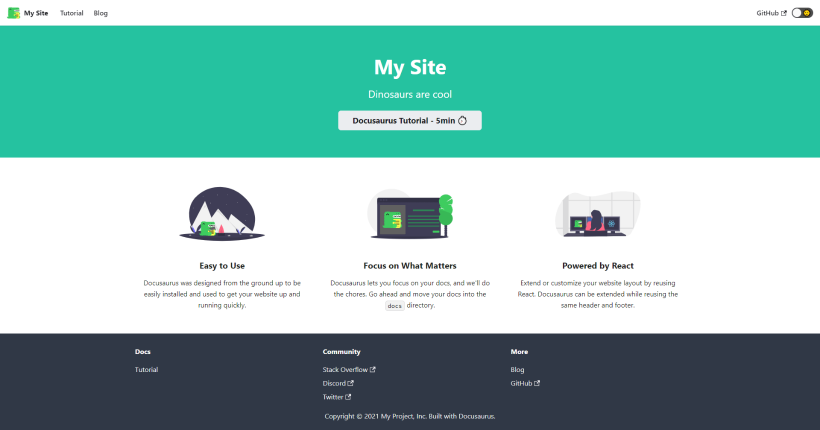 Docusaurusを立ち上げた時のデフォルトのホームページのスクリーンショット