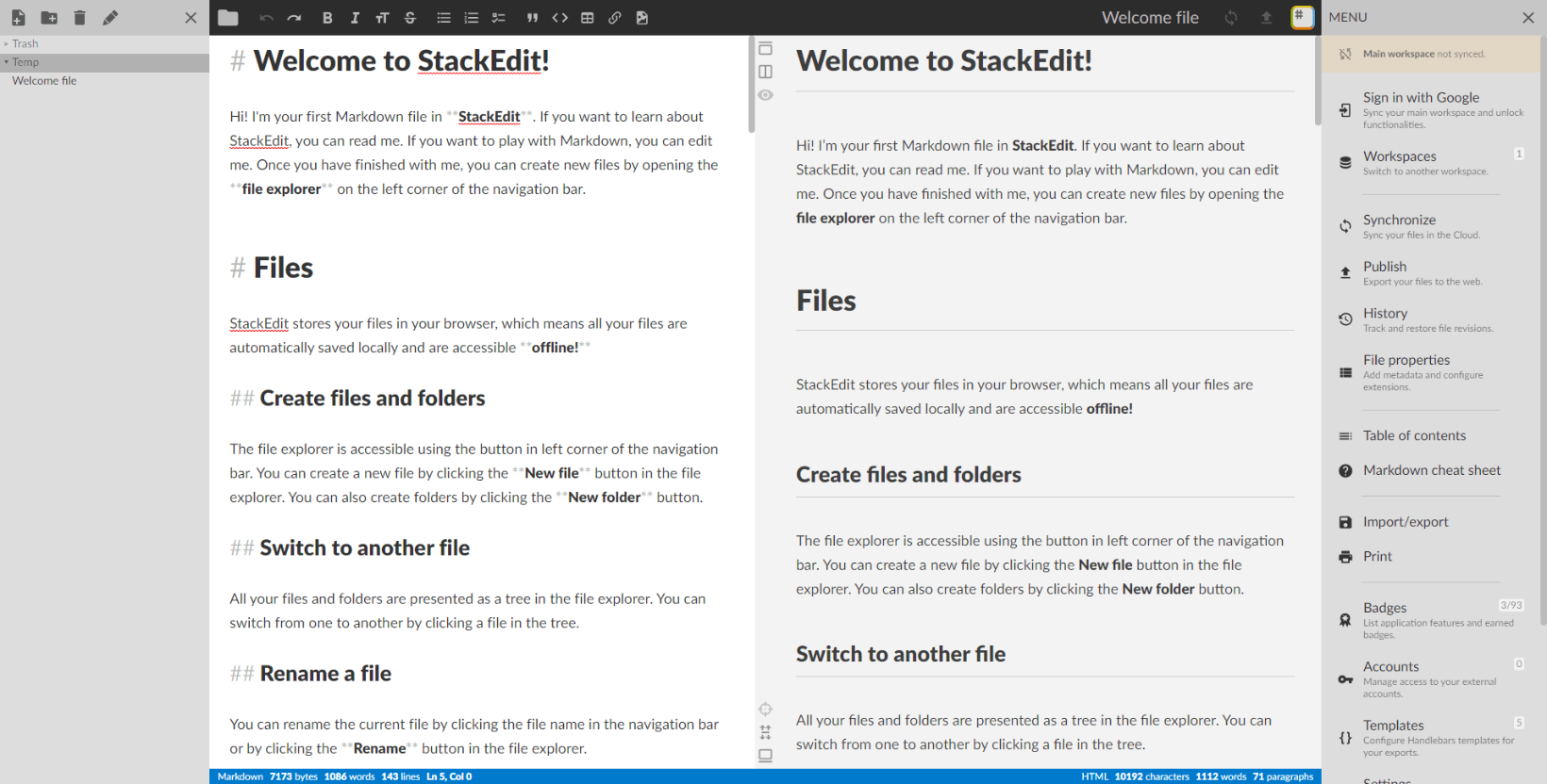 The StackEdit editor screen.