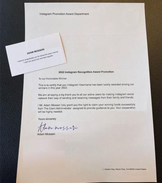 ADAM MOSSERI氏からとされる手紙の写真