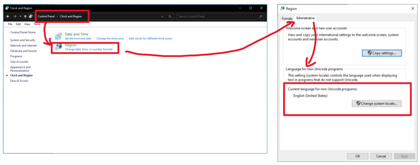 Windowsの「Unicode対応ではないプログラムの言語」の設定画面