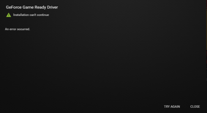 GeForce Experienceのドライバー更新時に表示されるエラー画面