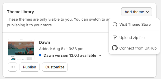 ShopifyのテーマをGitHubから選択するメニュー