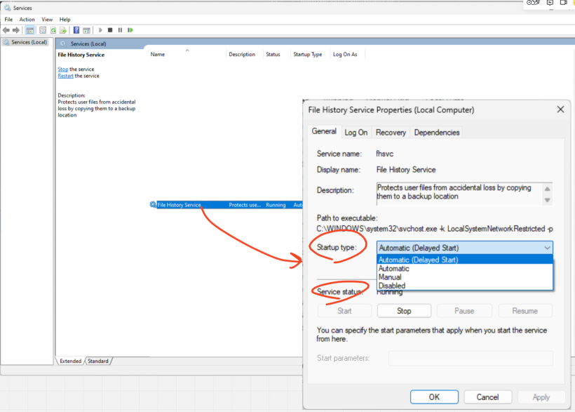 Windowsのサービス一覧とFile Historyのプロパティダイアログ