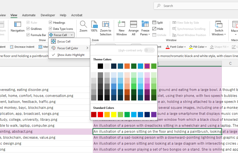 セルにフォーカス機能のメニュー画面